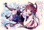  1girl :d animal_ears black_dress black_legwear brown_hair cat_ears cat_tail dress fang flower frills hair_ornament highres kyona_(konakona) long_hair looking_at_viewer mary_janes open_mouth original rose shoes smile solo tail thigh-highs 