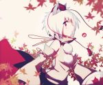  1girl animal_ears autumn_leaves bare_shoulders detached_sleeves hat inubashiri_momiji leaf leaf_background looking_at_viewer open_mouth pom_pom_(clothes) profile red_eyes shield short_hair silver_hair solo tokin_hat touhou wolf_ears 