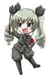  1girl anchovy belt blush_stickers boots brown_eyes chibi dress_shirt drill_hair girls_und_panzer green_hair hair_ribbon hand_on_hip holding jacket long_hair long_sleeves makino_yasuhiro military military_uniform necktie open_mouth pants ribbon riding_crop shirt smile solo standing twin_drills twintails uniform white_background 