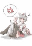  1girl anger_vein angry animal_ears bare_shoulders between_legs blush detached_sleeves hat inubashiri_momiji looking_at_viewer red_eyes short_hair silver_hair simple_background solo speech_bubble tail tail_between_legs tokin_hat touhou white_background wolf_ears wolf_tail 