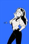  1girl belt black_pants blue_background breasts character_name dress_shirt hair_tussle hands_in_pockets horns large_breasts long_hair looking_to_the_side lum necktie oni pants pointy_ears shirt simple_background solo text urusei_yatsura wantake 