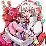  1boy 1girl aida_mana biho_(tsuinku) closed_eyes couple dokidoki!_precure female flipped_hair half_updo happy hug jacket lowres male marsh_(dokidoki!_precure) messy_hair pink_eyes pink_hair pink_skirt precure shirt short_hair sideburns skirt white_hair 