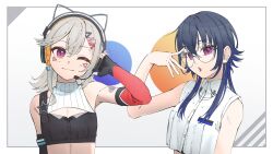  2girls absurdres adjusting_eyewear animal_ear_headphones animal_ears asymmetrical_gloves bare_shoulders black_hair blue_hair cat_ear_headphones crop_top cropped_shirt double-parted_bangs earrings elbow_gloves facial_mark fake_animal_ears gloves grey_hair hair_between_eyes head_tilt headphones highres ichinose_uruha ichinose_uruha_(4th_costume) jewelry komori_met komori_met_(5th_costume) looking_at_viewer multicolored_hair multiple_girls one_eye_closed open_mouth partially_fingerless_gloves pink_eyes planet_earrings shirt single_earring sleeveless sleeveless_shirt smile streaked_hair upper_body ury violet_eyes virtual_youtuber vspo! white_shirt wolf_cut 