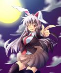  1girl animal_ears black_legwear blazer breasts full_moon lavender_hair long_hair looking_at_viewer moon one_eye_closed open_mouth rabbit_ears red_eyes reisen_udongein_inaba skirt solo thigh-highs touhou zettai_ryouiki 