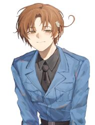  1boy absurdres ahoge axis_powers_hetalia belt black_belt black_necktie blue_jacket breast_pocket brown_hair closed_mouth collared_shirt flower grey_shirt hair_flower hair_ornament highres jacket koumimi lapels long_sleeves looking_at_viewer male_focus military_jacket necktie northern_italy_(hetalia) pocket shirt short_hair simple_background smile solo upper_body white_background white_flower yellow_eyes 