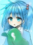  1girl :o aqua_eyes blue_eyes blue_hair bubble bust dated dress hair_bobbles hair_ornament hat hat_removed headwear_removed highres kawashiro_nitori looking_at_viewer open_mouth shirt solo touhou underwater wet wet_clothes 