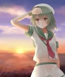  1girl bust dusk green_eyes green_hair hand_on_forehead hat heterochromia highres horizon kantai_collection kiso_(kantai_collection) midriff no_eyepatch ocean otoharu pleated_skirt sailor_collar sailor_hat school_uniform serafuku skirt solo sunset white_skirt wristband 