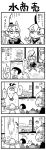  4koma amatsukaze_(kantai_collection) animal_costume aquarium bird comic elbow_gloves failure_penguin gloves hair_tubes hairband headgear highres kantai_collection monochrome penguin school_uniform seal_costume serafuku shima_noji_(dash_plus) shimakaze_(kantai_collection) short_hair teeth translation_request two_side_up wo-class_aircraft_carrier yukikaze_(kantai_collection) 