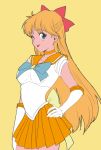  1girl aino_minako bishoujo_senshi_sailor_moon blonde_hair blue_eyes bow choker earrings elbow_gloves gloves hair_bow half_updo hand_on_hip jewelry long_hair looking_at_viewer magical_girl one_eye_closed orange_skirt sailor_venus simple_background skirt solo standing tongue tongue_out tsubobot yellow_background 