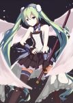  1girl 7th_dragon 7th_dragon_2020 foxbird green_eyes green_hair hatsune_miku highres katana light_smile long_hair looking_at_viewer skirt solo sword thigh-highs twintails very_long_hair vocaloid weapon wings 
