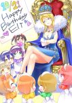  ayase_eli blonde_hair blue_eyes breasts cape crossed_legs crown gloves happy_birthday highres hoshizora_rin kisaragi_mizu koizumi_hanayo kousaka_honoka long_hair love_live!_school_idol_project minami_kotori nishikino_maki sonoda_umi toujou_nozomi yazawa_nico 