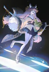  1girl :d absurdres animal_ear_fluff animal_ears black_background black_sash black_skirt braid braided_sidelocks fate/samurai_remnant fate_(series) frilled_sleeves frills full_body highres japanese_clothes katana kimono light_particles long_hair long_sleeves looking_at_viewer low-braided_long_hair low-tied_long_hair low-tied_sidelocks mary_janes mimulishizi pantyhose pink_hair platform_shoes pleated_skirt sash shoes sidelocks skirt smile solo standing standing_on_one_leg sword tamamo_(fate) tamamo_aria_(fate) twin_braids weapon white_pantyhose white_shoes wide_sleeves yellow_kimono 