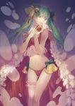  1girl absurdres apple bell bra cape food fruit green_eyes green_hair hair_bell hair_ornament hair_ribbon hatsune_miku highres long_hair navel panties ribbon solo twintails underwear vocaloid 