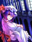  1girl bow fang from_side hat hat_bow highres lavender_hair looking_to_the_side red_eyes remilia_scarlet sash short_hair sitting solo touhou waterdog 