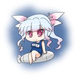  1girl animated animated_gif chibi hair_ornament hair_ribbon i-19_(kantai_collection) kantai_collection looking_at_viewer name_tag noai_nioshi red_eyes ribbon riding school_swimsuit silver_hair sitting smile solo swimsuit torpedo twintails 