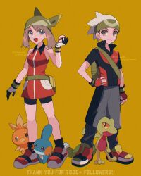 1boy 1girl bandana beanie bike_shorts black_hair blue_eyes breasts brendan_(pokemon) brown_hair gloves green_bandana hat highres jacket looking_at_viewer may_(pokemon) mikakami1e mudkip open_mouth pants pokemon pokemon_(creature) pokemon_emerald pokemon_rse red_shirt shirt short_hair short_sleeves shorts sleeveless smile torchic treecko white_hat 