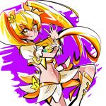  1girl biho_(tsuinku) blonde_hair boots choker crop_top cure_sunshine heartcatch_precure! knee_boots long_hair lowres magical_girl midriff miniskirt myoudouin_itsuki navel precure purple_background skirt smile solo twintails wrist_cuffs yellow_eyes 