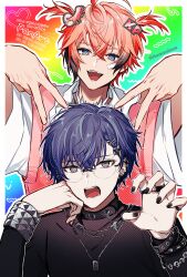  2boys :d absurdres akagi_wen akagi_wen_(1st_costume) artist_name bandaid bandaid_on_cheek bandaid_on_face black_collar black_hair black_nails black_shirt blue_eyes blue_hair border bracelet chaahan_(0421_han2) claw_pose collar collared_shirt crossed_bangs double_v ear_piercing earclip earrings fang fingernails glasses grey_eyes grey_hair hair_between_eyes hair_ornament hairclip hands_up hashtag-only_commentary highres jewelry koyanagi_rou koyanagi_rou_(2nd_costume) long_sleeves male_focus multicolored_eyes multicolored_hair multiple_boys multiple_rings nail_polish necklace nijisanji official_alternate_costume open_mouth outline outside_border parted_bangs piercing pink_hair pink_sweater_vest rainbow_background ring sharp_teeth shirt short_hair short_sleeves smile streaked_hair studded_bracelet sweater_vest teeth twitter_username two_side_up upper_body v virtual_youtuber watermark white_border white_outline white_shirt wide_sleeves 