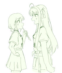  2girls ahoge awa_subaru blush commentary girls_band_cry holding holding_paintbrush iseri_nina long_hair monochrome multiple_girls narin70 open_mouth paintbrush shikai_no_sumi_kuchiru_oto short_sleeves short_twintails skirt smile twintails 