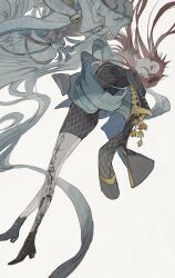  1boy 1girl absurdres ankle_boots assassin_(fate/samurai_remnant) boots brown_eyes brown_hair cloak covered_mouth dorothea_coyett facial_mark fate/samurai_remnant fate_(series) highres hood hooded_cloak leg_tattoo long_hair mask mimulishizi mouth_mask simple_background tattoo white_mask 