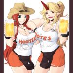  2girls alcohol apron beer beer_mug blonde_hair bracelet braid breasts cleavage clothes_writing cowboy_hat cowboy_shot earrings employee_uniform grin hat hong_meiling hooters horn hoshiguma_yuugi jewelry large_breasts leaning_on_person long_hair multiple_girls name_tag neko_majin pointy_ears ponytail red_eyes redhead scrunchie short_shorts shorts smile tank_top touhou twin_braids uniform waist_apron waitress 