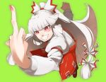  1girl fangs fujiwara_no_mokou green_background grin hair_ribbon highres juliet_sleeves long_hair long_sleeves middle_finger pants puffy_sleeves red_eyes ribbon ringed_eyes shirt silver_hair smile sofa_(enogunomu) solo suspenders touhou tress_ribbon very_long_hair 