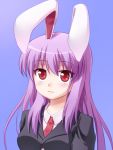  1girl animal_ears blazer blue_background blush breasts bust collarbone lavender_hair leinamelissa long_hair looking_at_viewer rabbit_ears red_eyes reisen_udongein_inaba simple_background solo touhou 