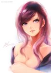  1991_(blz) 1girl breasts bust cleavage covering covering_breasts highres off_shoulder original pink_eyes purple_hair signature tagme watermark web_address 