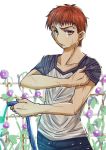  1boy brown_eyes emiya_shirou fate/stay_night fate_(series) flower raglan_sleeves redhead short_hair sleeves_rolled_up solo urako water_hose wet wet_clothes wet_hair 