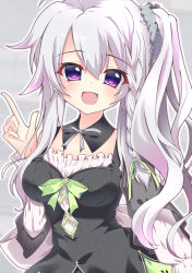  9-nine- :d absurdres ahoge alternate_costume back_bow black_dress blush bow bowtie braid breasts commentary_request cowboy_shot detached_collar dress dress_bow enmaided eyes_visible_through_hair green_bow green_ribbon grey_bow grey_bowtie grey_hair grey_scrunchie hair_between_eyes hair_ornament hair_ribbon hair_scrunchie hand_up happy highres index_finger_raised large_breasts long_hair long_sleeves looking_at_viewer maid niimi_sora open_mouth outline ribbon sample_watermark scrunchie side_ponytail sidelocks simple_background single_braid smile solo sukonbu385 violet_eyes watermark white_bow white_outline white_sleeves 