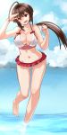  1girl adapted_costume ahoge barefoot breasts brown_eyes brown_hair cleavage clenched_hand drawfag highres huge_ahoge large_breasts long_hair low_ponytail microskirt musubi navel ocean sekirei skirt smile solo swimsuit tankini toes very_long_hair wading 