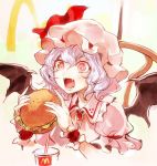 1girl bat_wings chair drink fangs food hamburger hat hat_ribbon kozou_(soumuden) lavender_hair mcdonald&#039;s mob_cap open_mouth puffy_sleeves red_eyes remilia_scarlet ribbon short_hair short_sleeves sitting smile solo touhou wings wrist_cuffs 