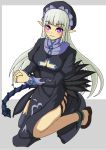  1girl belt breasts chain cleavage cleavage_cutout dark_priest demon_girl demon_tail dress feathers hat long_hair monster_girl monster_girl_encyclopedia nun pointy_ears smile solo tail tongue violet_eyes white_hair 
