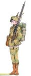  1girl animal_hat backpack bag black_eyes boots brown_boots camouflage coh dress france frilled_dress frills full_body gloves green_gloves green_legwear gun hat long_sleeves mars_expedition military military_uniform pink_hair profile rifle short_hair simple_background solo strap thigh-highs uniform weapon weapon_request white_background zettai_ryouiki 