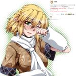  1girl arm_warmers blonde_hair breasts crying eyelashes fingernails green_eyes happy_tears large_breasts long_fingernails mizuhashi_parsee one_eye_closed ootsuki_wataru pointy_ears scarf sharp_fingernails short_hair smile solo tears touhou translation_request wiping_tears 