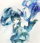  1girl aji77 aqua_eyes aqua_hair artist_name detached_sleeves hatsune_miku long_hair looking_at_viewer mixed_media necktie open_mouth signature skirt solo traditional_media twintails vocaloid watercolor_(medium) white_background 