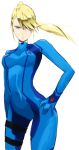  1girl blonde_hair blue_eyes bodysuit breasts cloud_(bara31042525) contrapposto female hair_over_one_eye hand_on_hip highres long_hair looking_at_viewer metroid mole ponytail samus_aran skin_tight solo zero_suit 