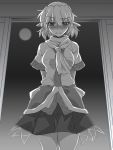  1girl arms_behind_back blush breasts downcast_eyes full_moon greyscale mizuhashi_parsee monochrome moon ootsuki_wataru pointy_ears scarf short_hair skirt solo standing touhou window 