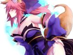  1girl animal_ears bare_shoulders bow breasts caster_(fate/extra) cleavage detached_sleeves fate/extra fate_(series) fox_ears fox_tail hair_bow hair_ribbon japanese_clothes orange_eyes pink_hair ribbon solo tail twintails yellow_eyes yude 