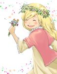  1girl blonde_hair bouquet casual closed_eyes dress flower frilled_sleeves frills hanamoto_hagumi happy haru_(d) holding honey_and_clover long_hair smile solo wide_sleeves wreath 