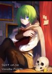  1boy blue_eyes blush cape erubo green_hair hug looking_at_viewer open_mouth original picture_frame skull 