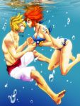 1boy 1girl bangle barefoot bikini blonde_hair bracelet breasts bubble eyebrows facial_hair feet freediving goatee hairy_legs highres holding_hands jewelry large_breasts log_pose long_hair nami_(one_piece) necklace one_piece puffy_cheeks redhead reflection sanji_(one_piece) short_hair side-tie_bikini sideboob strap_gap swim_trunks swimming swimsuit tattoo underwater water