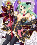  1girl :d alfine black_legwear breasts cleavage crown demon_horns demon_tail demon_wings detached_sleeves green_eyes green_hair holding horns long_hair looking_at_viewer open_mouth pointy_ears seraphwia shinrabanshou smile solo staff tail thigh-highs wings 