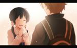  1boy 1girl black_hair brown_hair closed_eyes kitashirakawa_tamako lilya long_hair low_twintails ooji_mochizou phone school_uniform short_hair smile spoilers string_phone tamako_love_story tamako_market twintails 