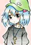  1girl alternate_costume black_shirt blue_eyes blue_hair blush colored_pencil_(medium) gradient_clothes hat highres jewelry kawashiro_nitori key key_necklace looking_at_viewer meme-tan_(bana_nan26) necklace pink_background shirt short_sleeves simple_background solo touhou traditional_media twintails 