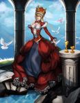 1girl absurdres ahoge bird blonde_hair blue_eyes breasts cleavage crown dress epaulettes fate/extra fate_(series) goblet hair_ribbon highres large_breasts leidami pigeon red_dress ribbon saber_extra solo 