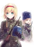  2girls alice_margatroid aqua_eyes assault_rifle black_gloves blonde_hair braid culter gloves gun hairband hat hat_removed headwear_removed kirisame_marisa military military_uniform multiple_girls open_mouth rifle russian_clothes single_braid smile snowing touhou uniform weapon yellow_eyes 