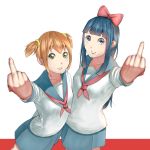  2girls :3 bangs blue_eyes blue_hair blunt_bangs bow chagataaa green_eyes hair_bow hime_cut long_hair looking_at_viewer middle_finger multiple_girls orange_hair pipimi poptepipic popuko school_uniform serafuku short_hair short_twintails sidelocks simple_background skirt twintails 