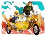  2boys blonde_hair father_and_son giorno_giovanna gloves goggles helmet jojo_no_kimyou_na_bouken magatsumagic motor_vehicle motorcycle motorcycle_helmet multiple_boys scarf sidecar vehicle 