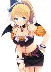 1girl ayase_eli bare_shoulders blonde_hair blue_eyes blush breasts detached_collar detached_sleeves garter_straps halloween jack-o&#039;-lantern large_breasts long_hair love_live!_school_idol_project midriff navel ponytail simple_background siva_(executor) skirt solo white_background wings wrist_cuffs 